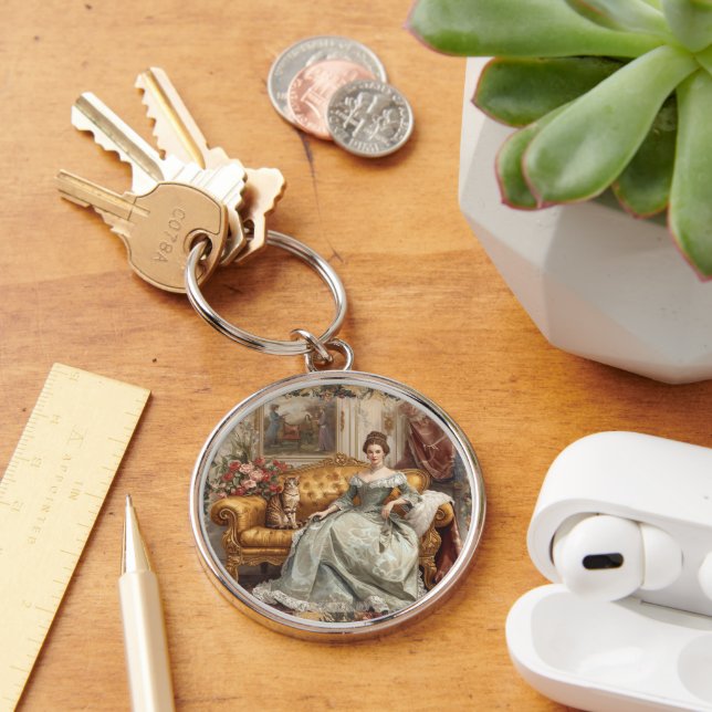 Vintage,Beautiful Noblewoman and Cat, Classic  Key Ring (Desk)