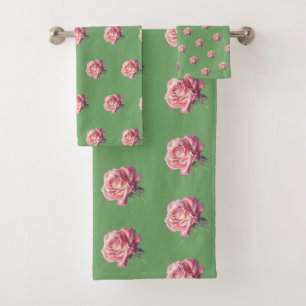 Vintage Beautiful Pink Roses on Green Background Bath Towel Set