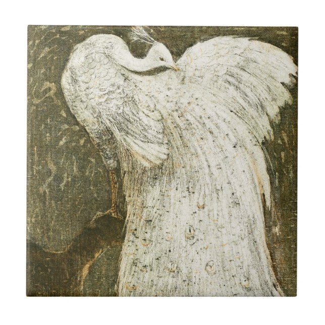 Vintage beautiful white peacock illustration tile (Front)