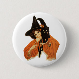 Vintage Beautiful Witch with Black Cat On Shoulder 6 Cm Round Badge