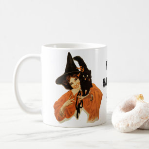 Vintage Beautiful Witch with Black Cat On Shoulder Coffee Mug