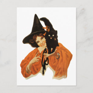 Vintage Beautiful Witch with Black Cat On Shoulder Postcard