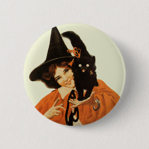 Vintage Beautiful Witch with Cute Black Cat 6 Cm Round Badge