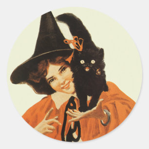 Vintage Beautiful Witch with Cute Black Cat Classic Round Sticker