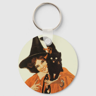 Vintage Beautiful Witch with Cute Black Cat Key Ring