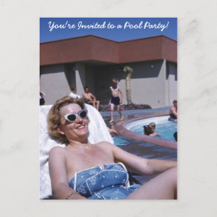 Vintage Beautiful Woman Sunbather in Blue Swimsuit Invitation Postcard