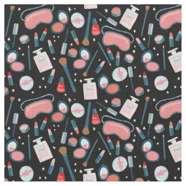 Vintage Beauty Makeup Cosmetics Pattern Fabric (Close Up)