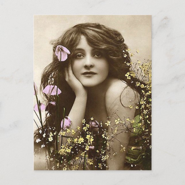 Vintage Beauty with Flowers Postcard (Front)