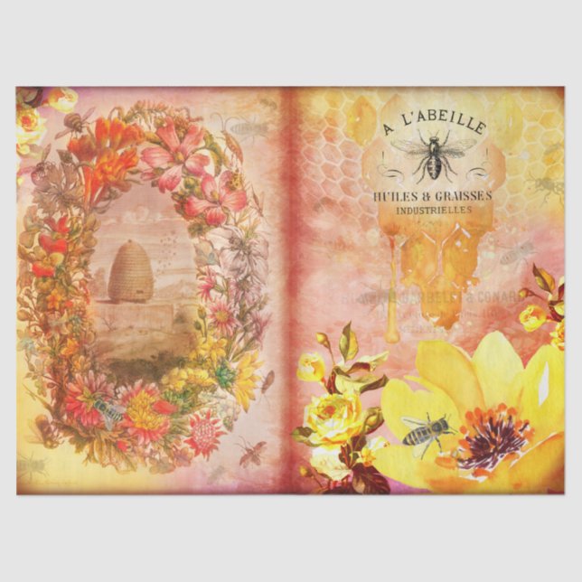 Vintage Bee and Flower Wreath Ephemera Tissue Paper (Front)