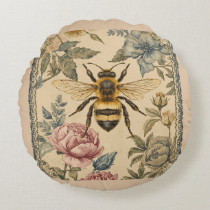 Vintage, Bee and Flowers Garden, Honey Bee Round Cushion