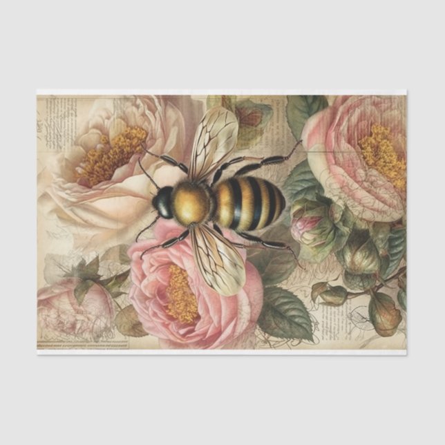 Vintage Bee and Pink Roses Decoupage Tissue Paper (Front)
