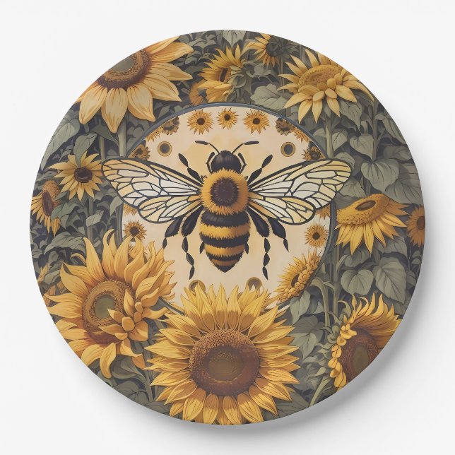 Vintage Bee and Sunflowers  Paper Plate (Front)