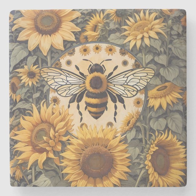 Vintage Bee and Sunflowers  Stone Coaster (Front)