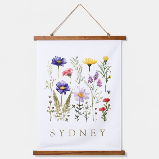 Vintage Bee and Wild Flowers modern  Hanging Tapestry (Front)
