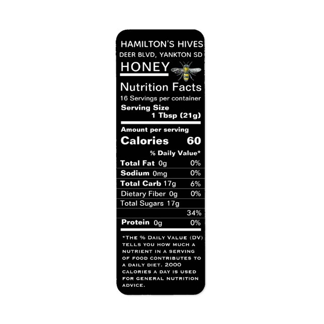 Vintage Bee Black 2020 Nutrition Facts Honey Label (Front)