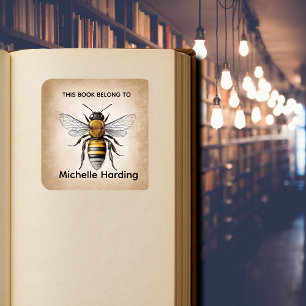 Vintage Bee Bookplate “This Book Belongs To” Per Square Sticker