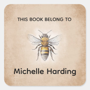 Vintage Bee Bookplate “This Book Belongs To” Per Square Sticker