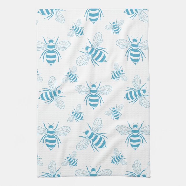 Vintage Bee Botanical Blue (1) Tea Towel (Vertical)