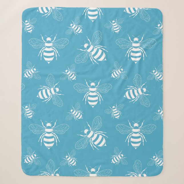 Vintage Bee Botanical Blue (2) Sherpa Blanket (Front)
