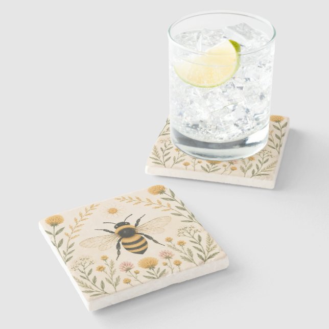Vintage Bee Botanical  Stone Coaster (Side)