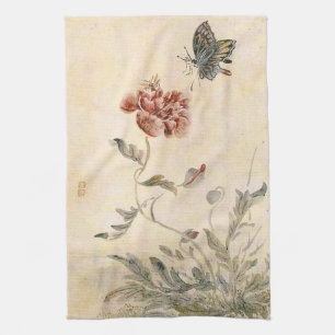 Vintage Bee, Butterfly and Poppy Watercolor Tea Towel