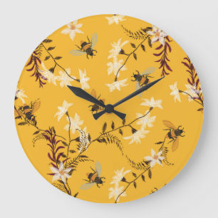 Vintage Bee & Butterfly: Embroidered Floral Art Large Clock