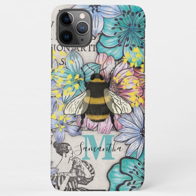 Vintage Bee Floral Monogram iPhone Case (Back)