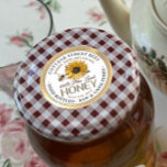 Vintage Bee Honey Label Hand Bottled Raw<br><div class="desc">Central design features a vintage sunflower illustration and watercolor honeybee on white background. Gold gradient border. Personalise with your apiary name, address and honey description (raw, hand bottled, single source etc.). Also include your honey net weight. Common honey net weight conversions: 8oz (227g), 12oz (340g), 16oz (454g), 32oz (907g), 5lb...</div>