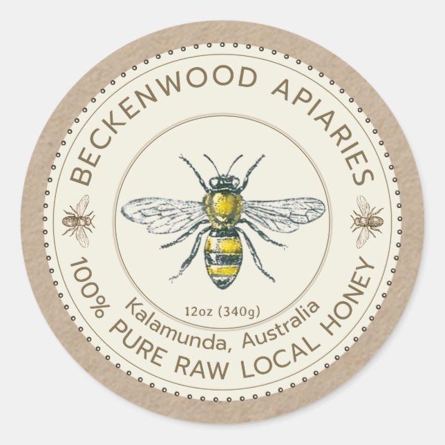 Vintage Bee Honey Label on Kraft Apiary Beekeeper (Front)