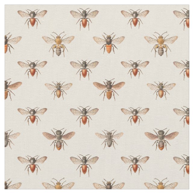Vintage Bee Illustration Pattern Fabric (Close Up)