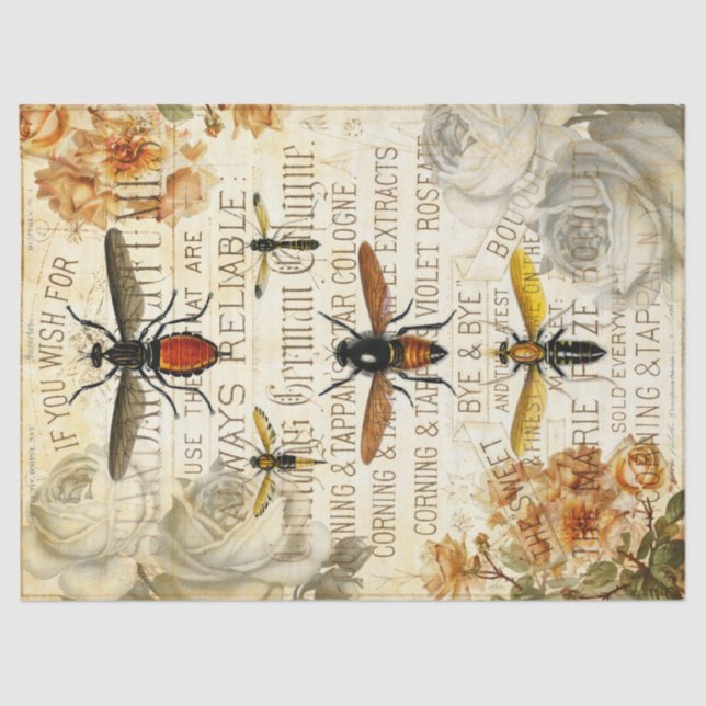 Vintage Bee Insects Rose Bouquet Decoupage Tissue Paper (Front)