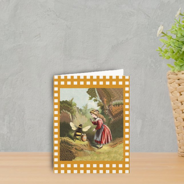 Vintage Bee Little Girl Honey Pot Card (Victorian girl talking to bee in woods with pot of honey gold white plaid border on notecard.)