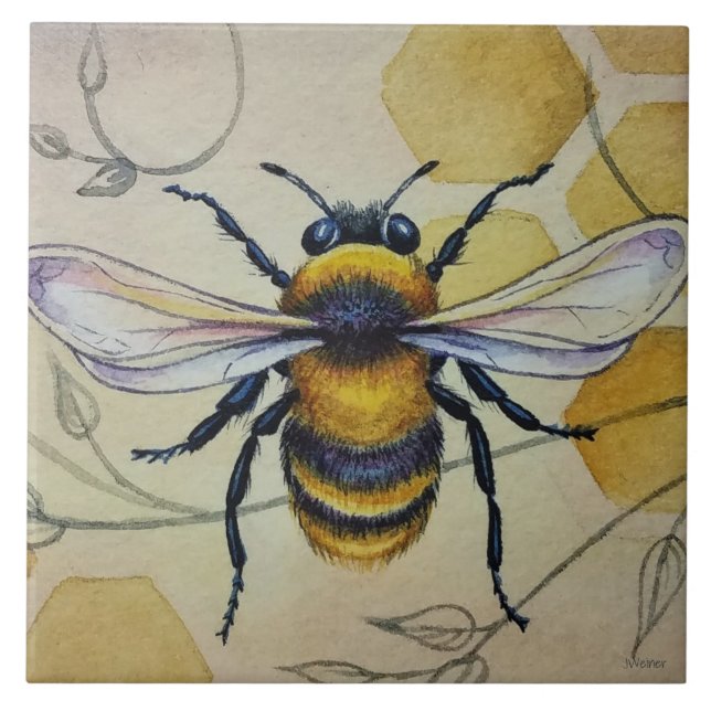 Vintage Bee No. 1 and Honeycomb Watercolor Art Tile (Front)
