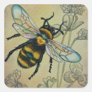 Vintage Bee No. 2 and Clover Watercolor Art Square Sticker