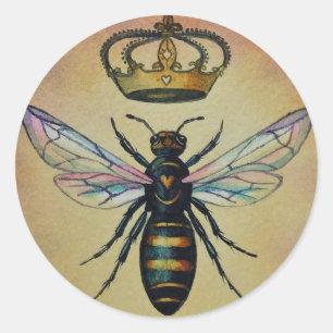 Vintage Bee No. 3 Queen Crown Watercolor Art Classic Round Sticker