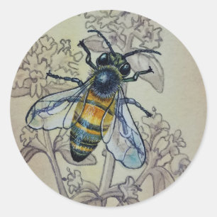 Vintage Bee No. 7 and Wildflowers Watercolor Art Classic Round Sticker