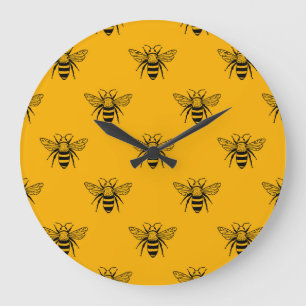 Vintage Bee Pattern, Black Yellow. Large Clock