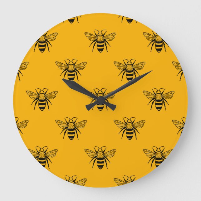 Vintage Bee Pattern, Black Yellow. Large Clock (Front)
