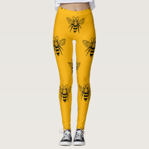 Vintage Bee Pattern, Black Yellow. Leggings
