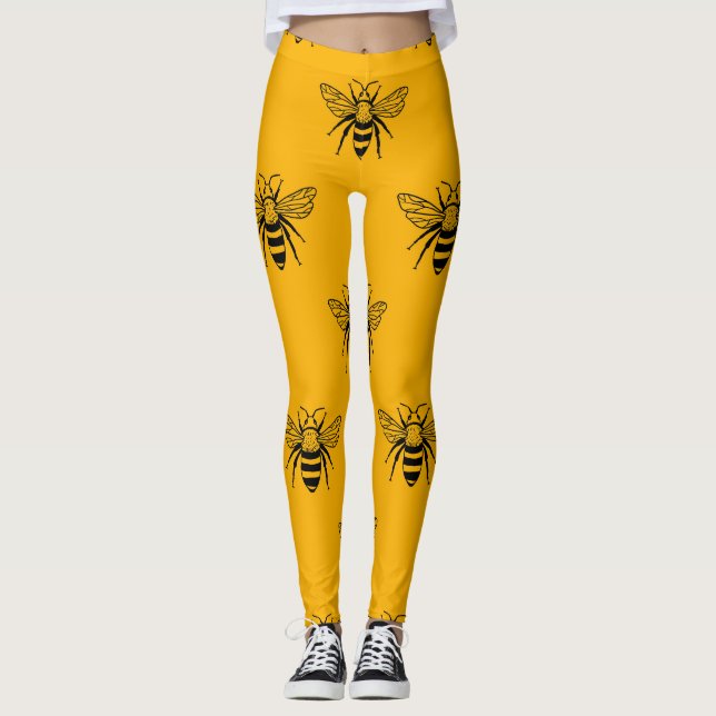 Vintage Bee Pattern, Black Yellow. Leggings (Front)