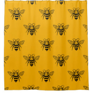 Vintage Bee Pattern, Black Yellow. Shower Curtain