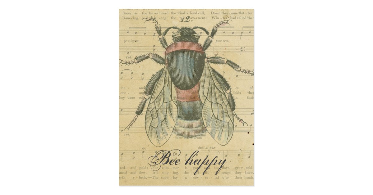 Vintage Bee Sheet Music Notes Bee Happy Customised Postcard | Zazzle.co.uk