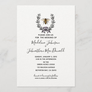 vintage bee SPRING GARDEN WEDDING plum yellow Invitation