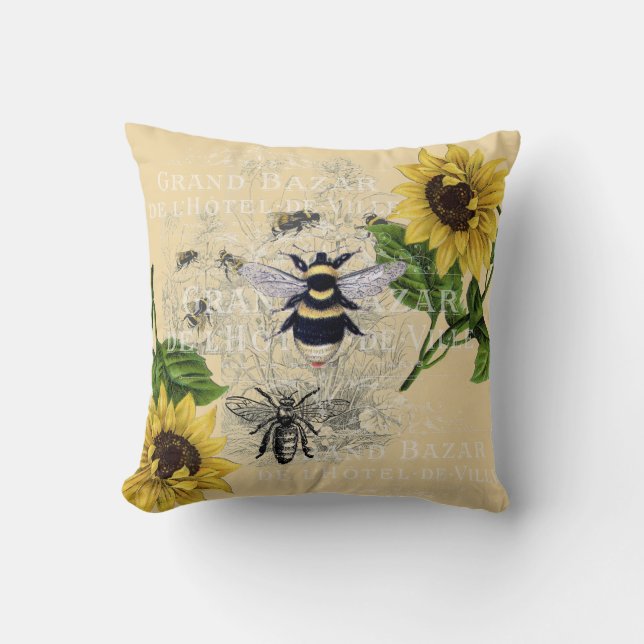 Vintage Bee Sunflower Cream Nature Throw Pillow (Front)