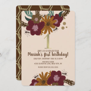 Vintage Bee Sunflower Floral First Birthday Invitation