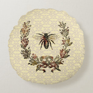 Vintage Bee Wreath Round Cushion
