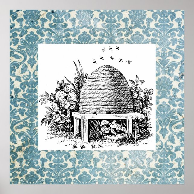 vintage Beehive and Blue Damask Poster (Front)