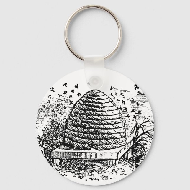 Vintage Beehive Honey Bees Beekeeping Key Ring (Front)