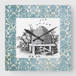 Vintage Beehive on Blue Damask Square Wall Clock