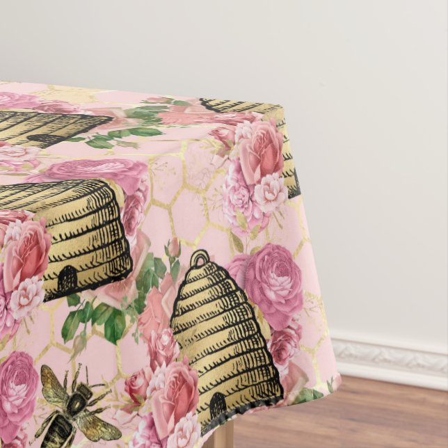 Vintage Beehive Pink Floral Honeycomb Pattern Tablecloth (In Situ)